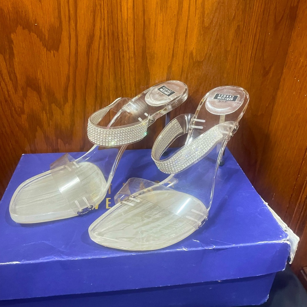 Stuart Weitzman Acrylic Strappy Heels w/ Swarovski Crystals 8.5